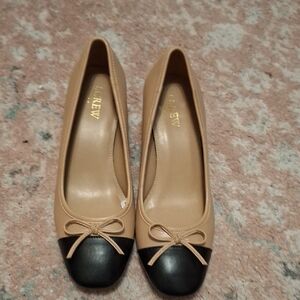 J. Crew Tan and Black Short Heels with Bow Detail